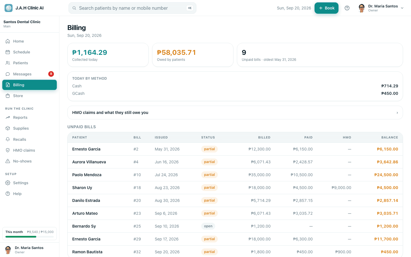 Billing with the three figures, the unbilled list and unpaid bills.