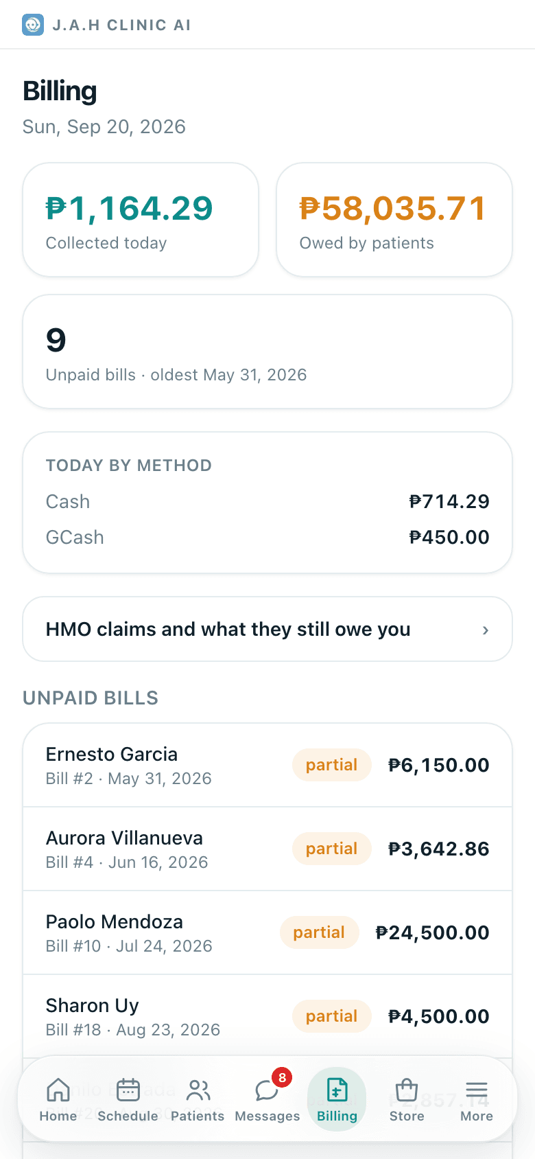Billing with the three figures, the unbilled list and unpaid bills.