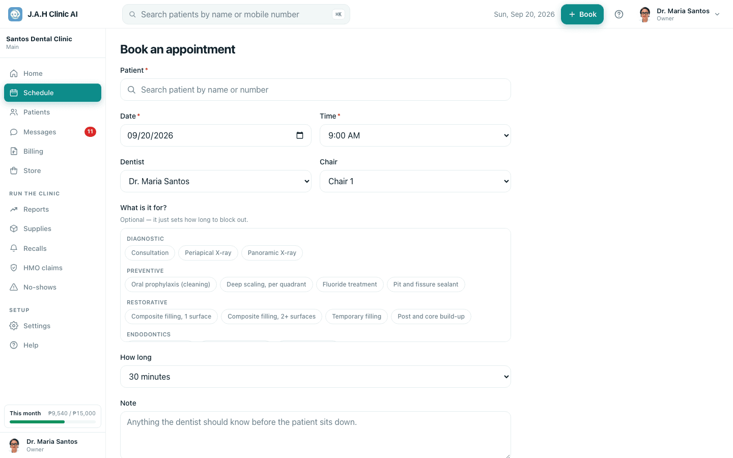 The booking form. The patient box searches as you type.
