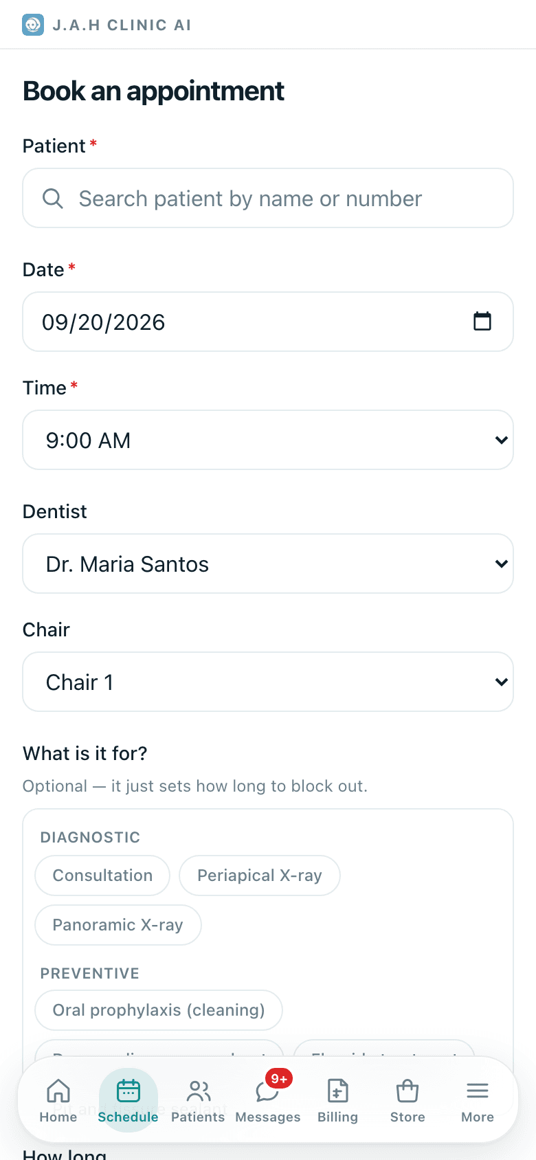 The booking form. The patient box searches as you type.