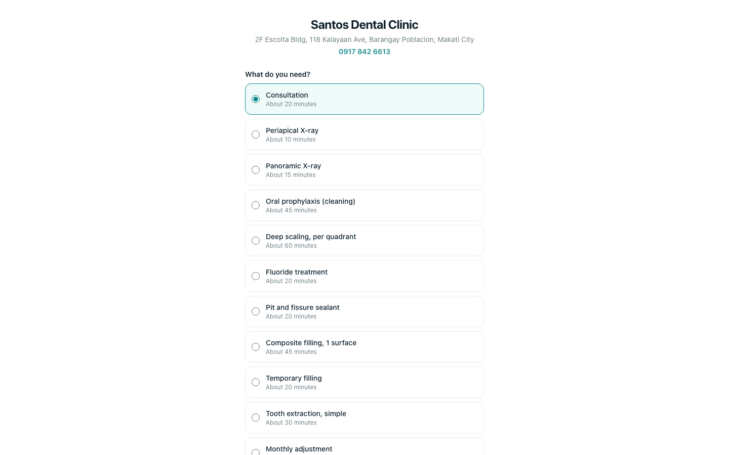 The booking page a patient sees, and the confirmation page with its Cancel button.