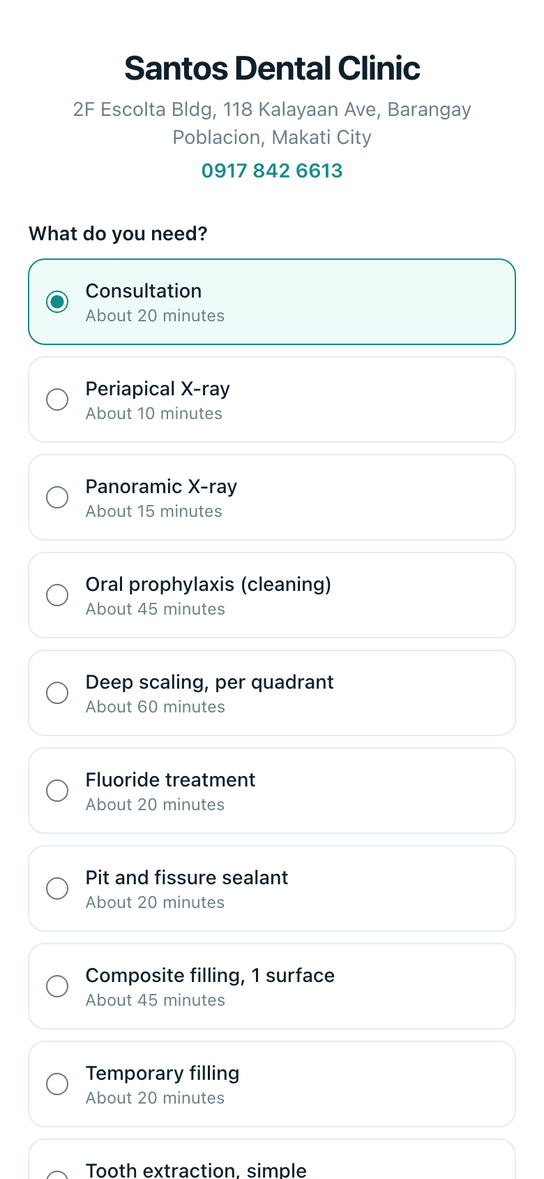 The booking page a patient sees, and the confirmation page with its Cancel button.