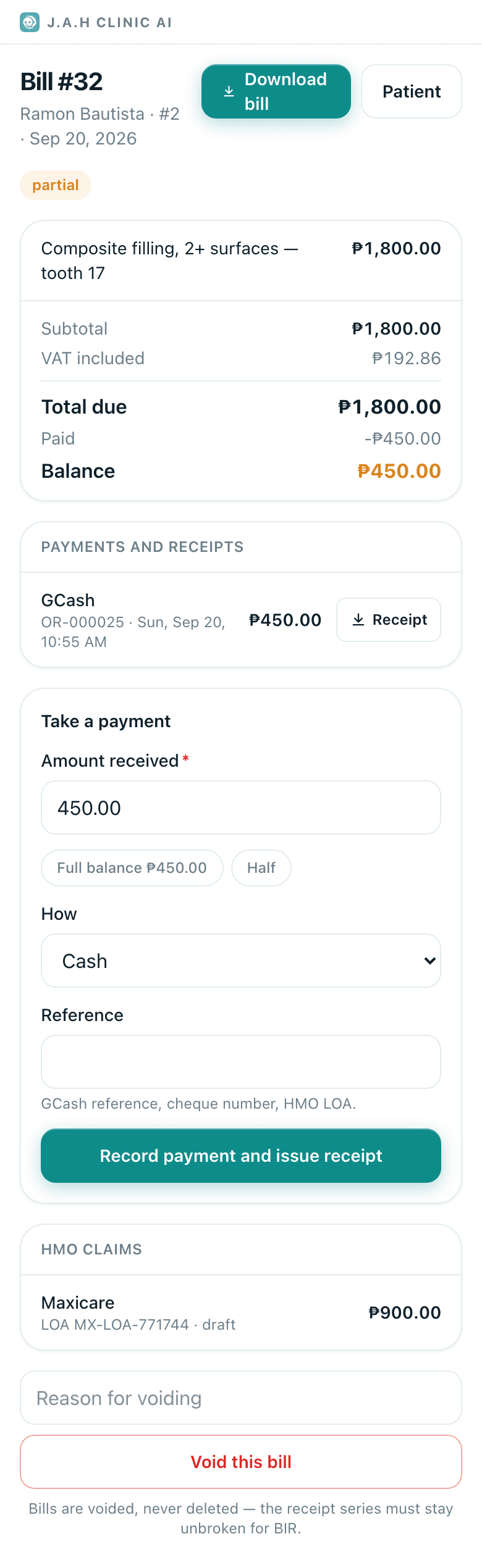 A bill with the payment form open.