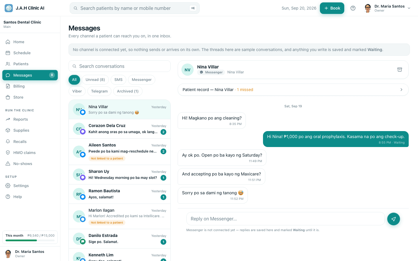 The inbox with its filters, and one conversation open.