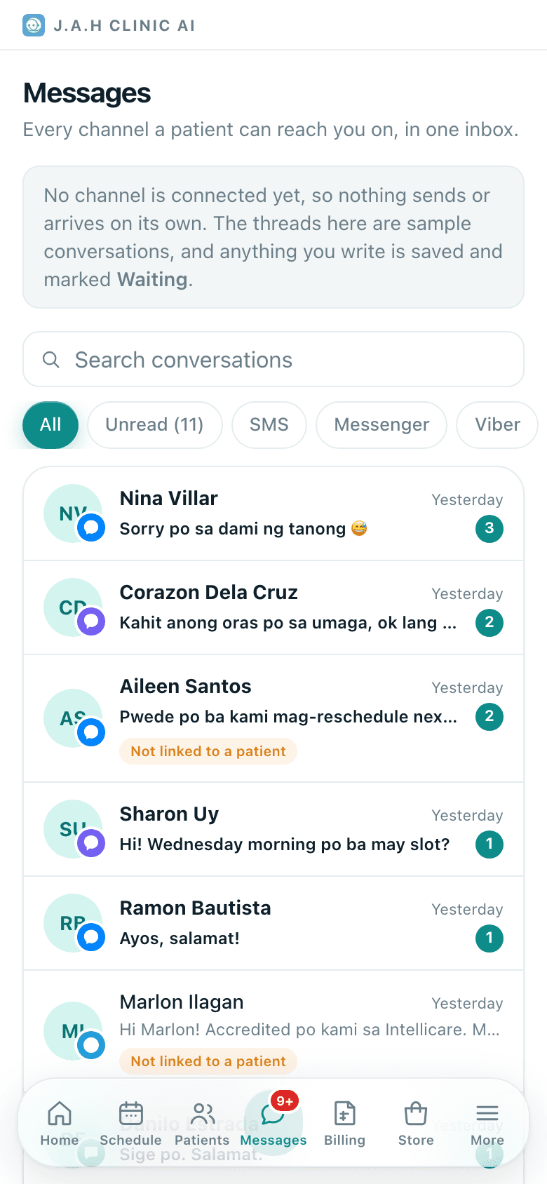 The inbox with its filters, and one conversation open.