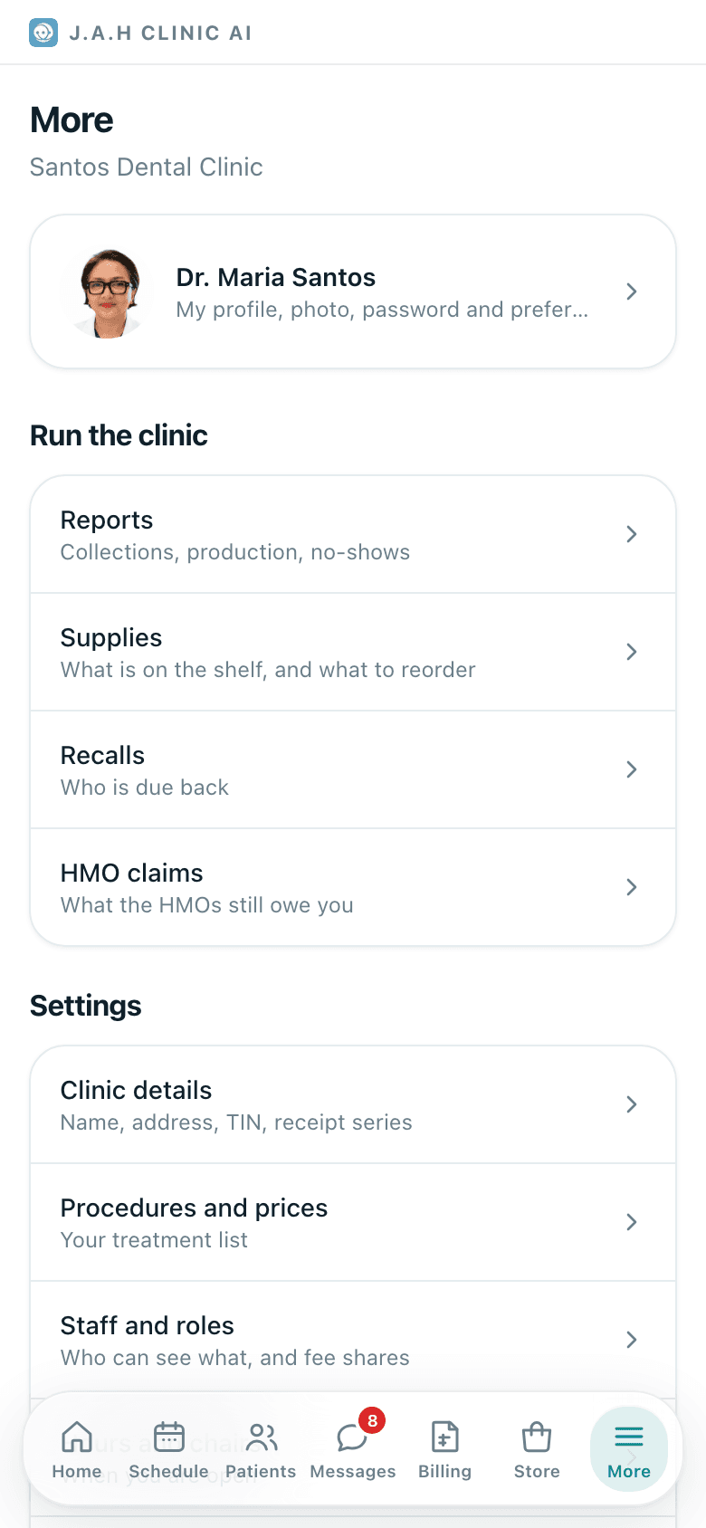 The More page on a phone, and the Settings page on a laptop.