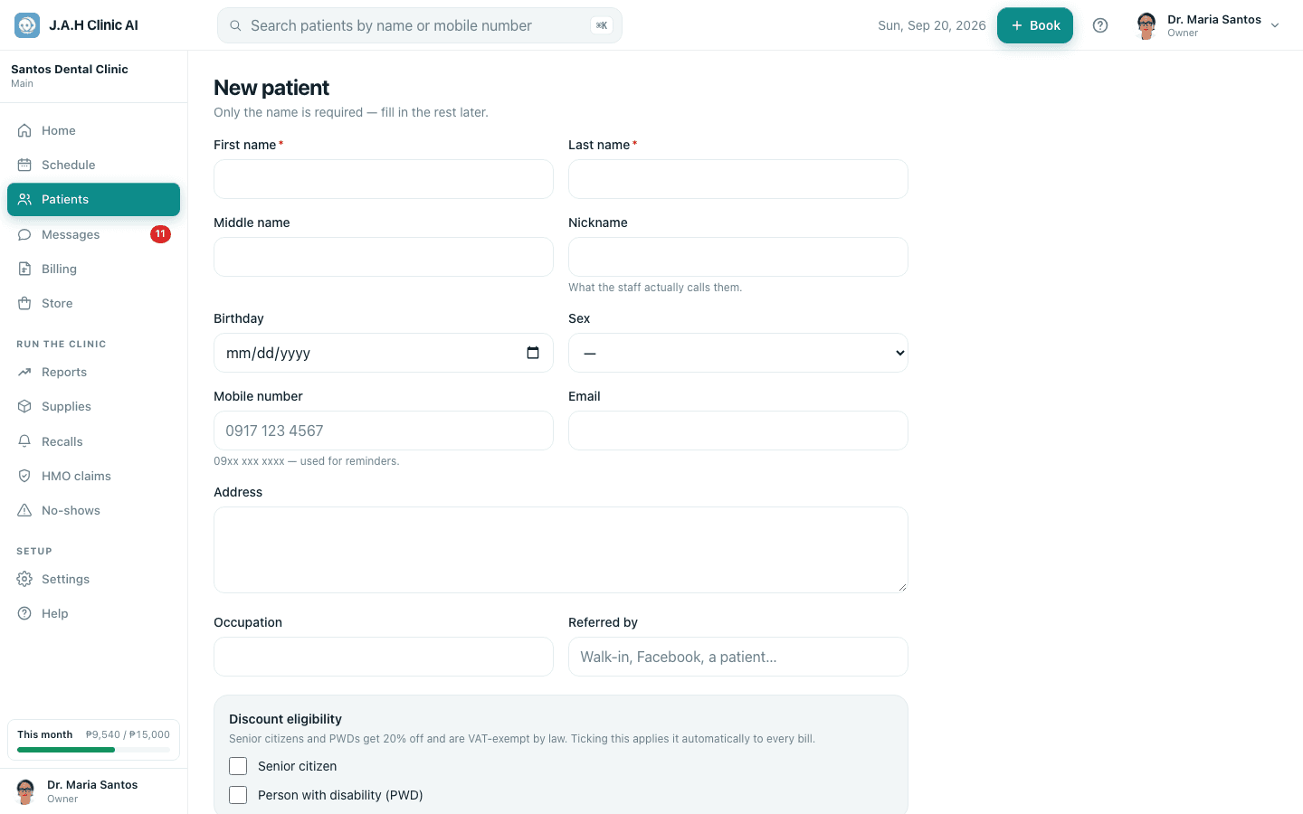 The new-patient form. Save with just a name if the queue is long; fill the rest at the next quiet moment.