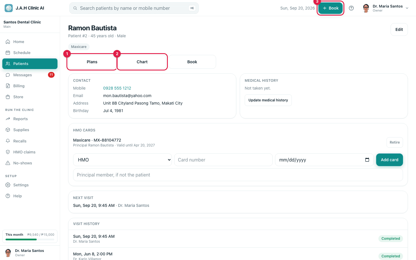 A patient record with an allergy line, HMO card and visit history.