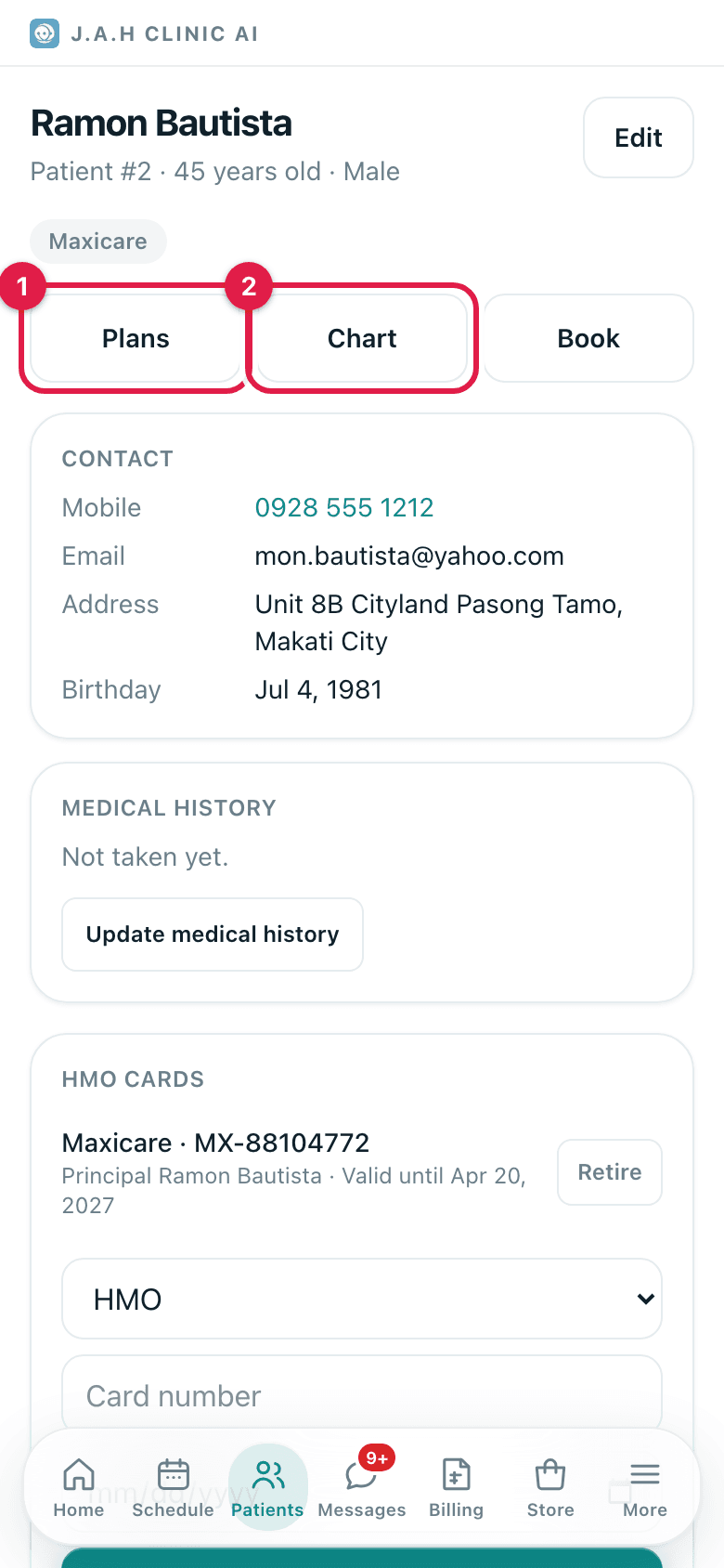 A patient record with an allergy line, HMO card and visit history.