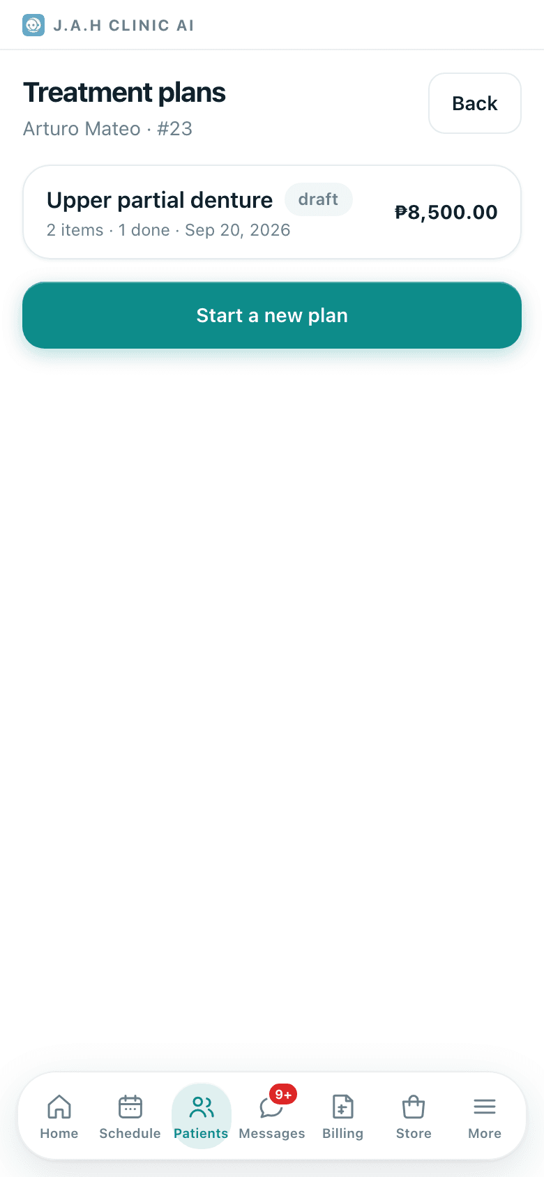 The plans list for a patient, and one plan opened.