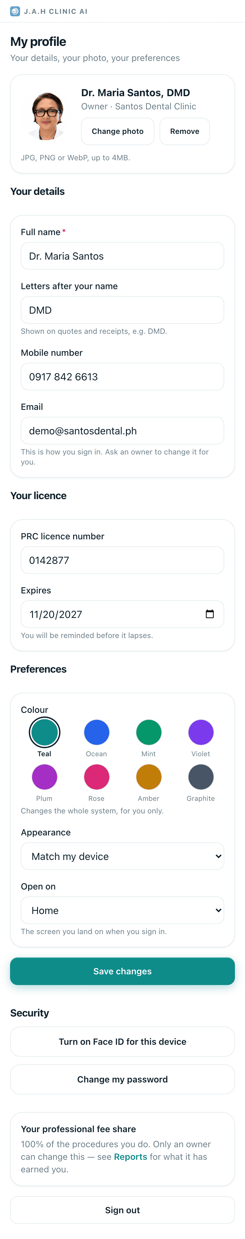 Profile with the colour swatches.