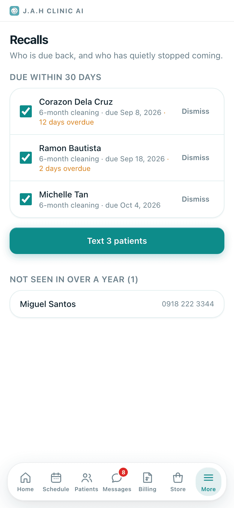 The two lists: due within 30 days, and not seen in over a year.