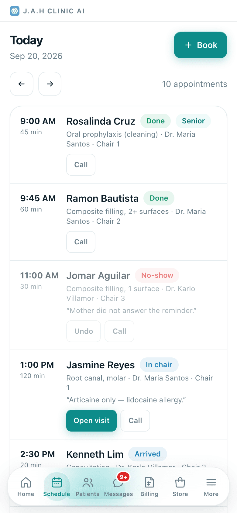 A day on Schedule. Each row carries the buttons that make sense for its status.