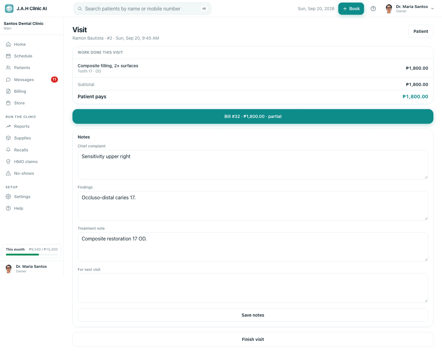 The visit screen with work recorded and the bill button ready.
